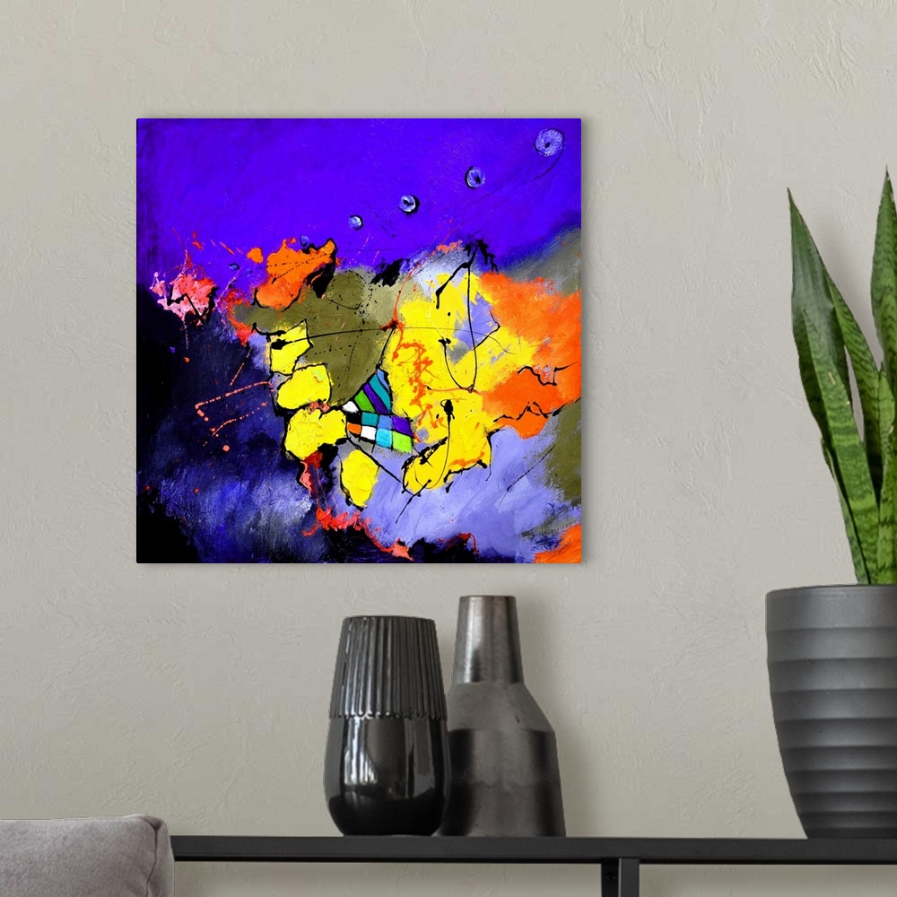 A modern room featuring A square abstract painting in vibrant shades of purple, orange and yellow with splatters of paint...
