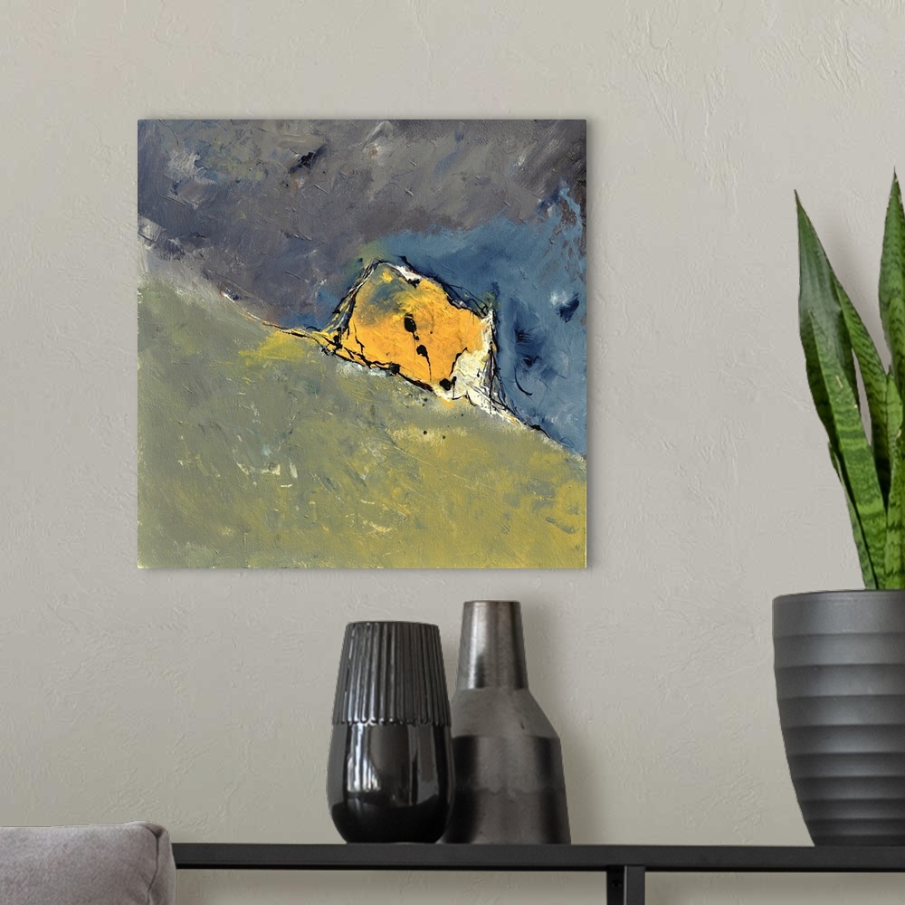 A modern room featuring A contemporary abstract painting of green and blue with a square yellow shape in the center.