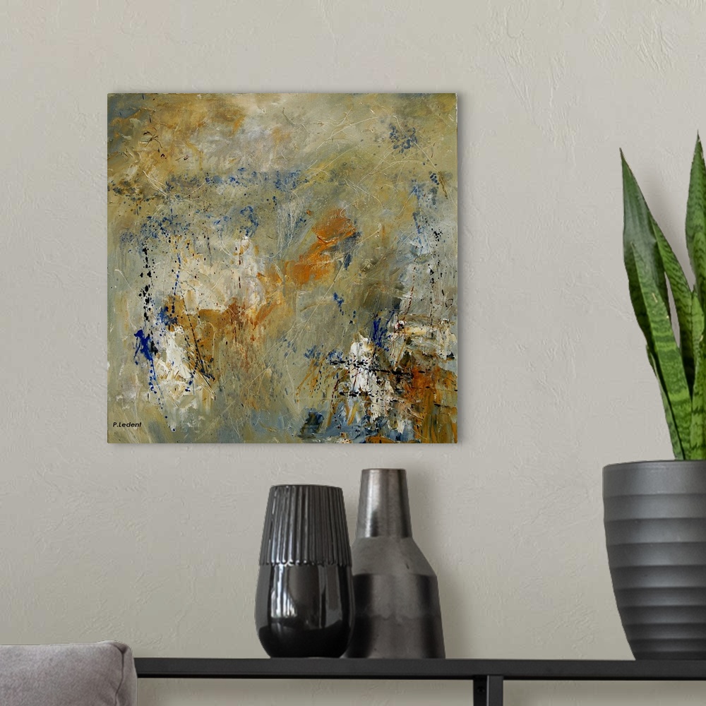 A modern room featuring Abstract painting in neutral texture paint in colors of orange, brown and white.