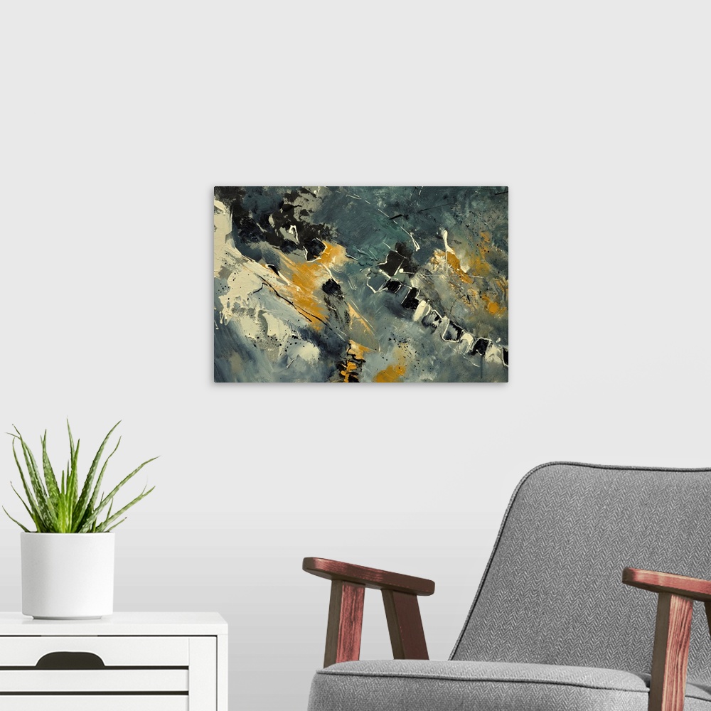 A modern room featuring Abstract painting with muted hues in shades of yellow, gray and white mixed in with black contras...