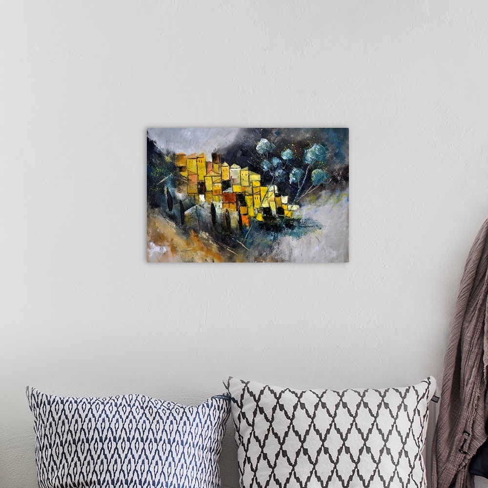 A bohemian room featuring Abstract painting made in shades of brown, yellow, black and white with a small hint of orange, r...