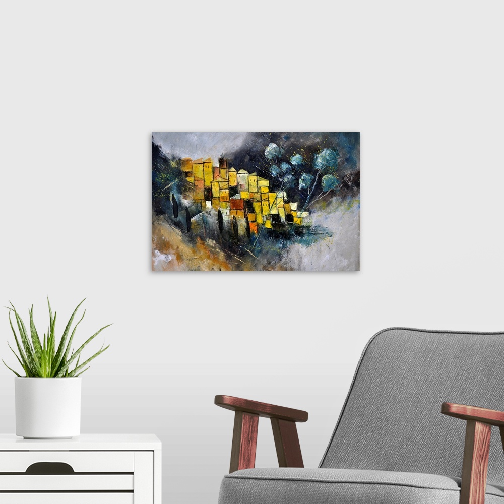 A modern room featuring Abstract painting made in shades of brown, yellow, black and white with a small hint of orange, r...