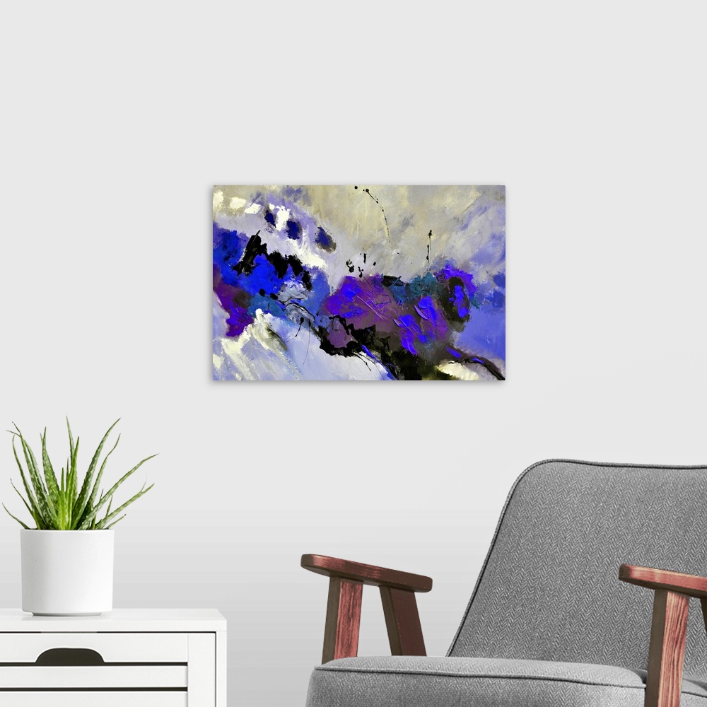 A modern room featuring Abstract painting in dark shades of black, blue and gray with splatters of paint overlapping.
