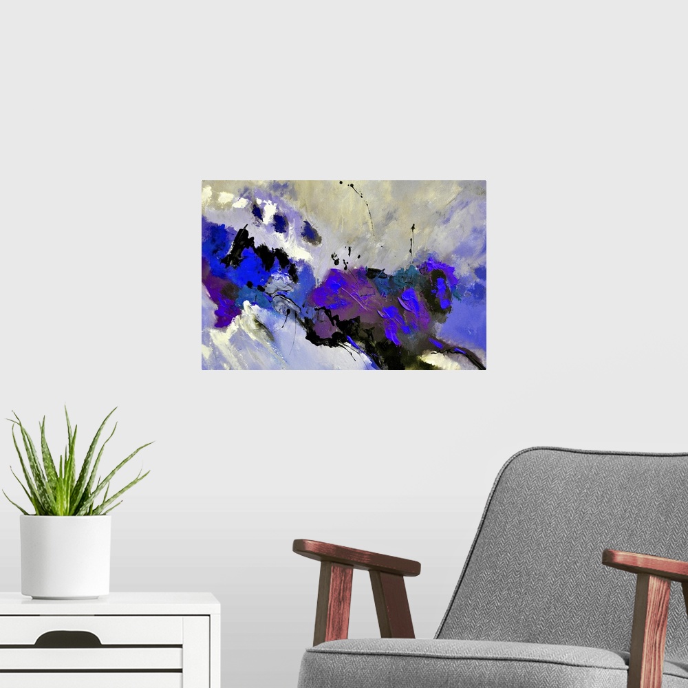 A modern room featuring Abstract painting in dark shades of black, blue and gray with splatters of paint overlapping.
