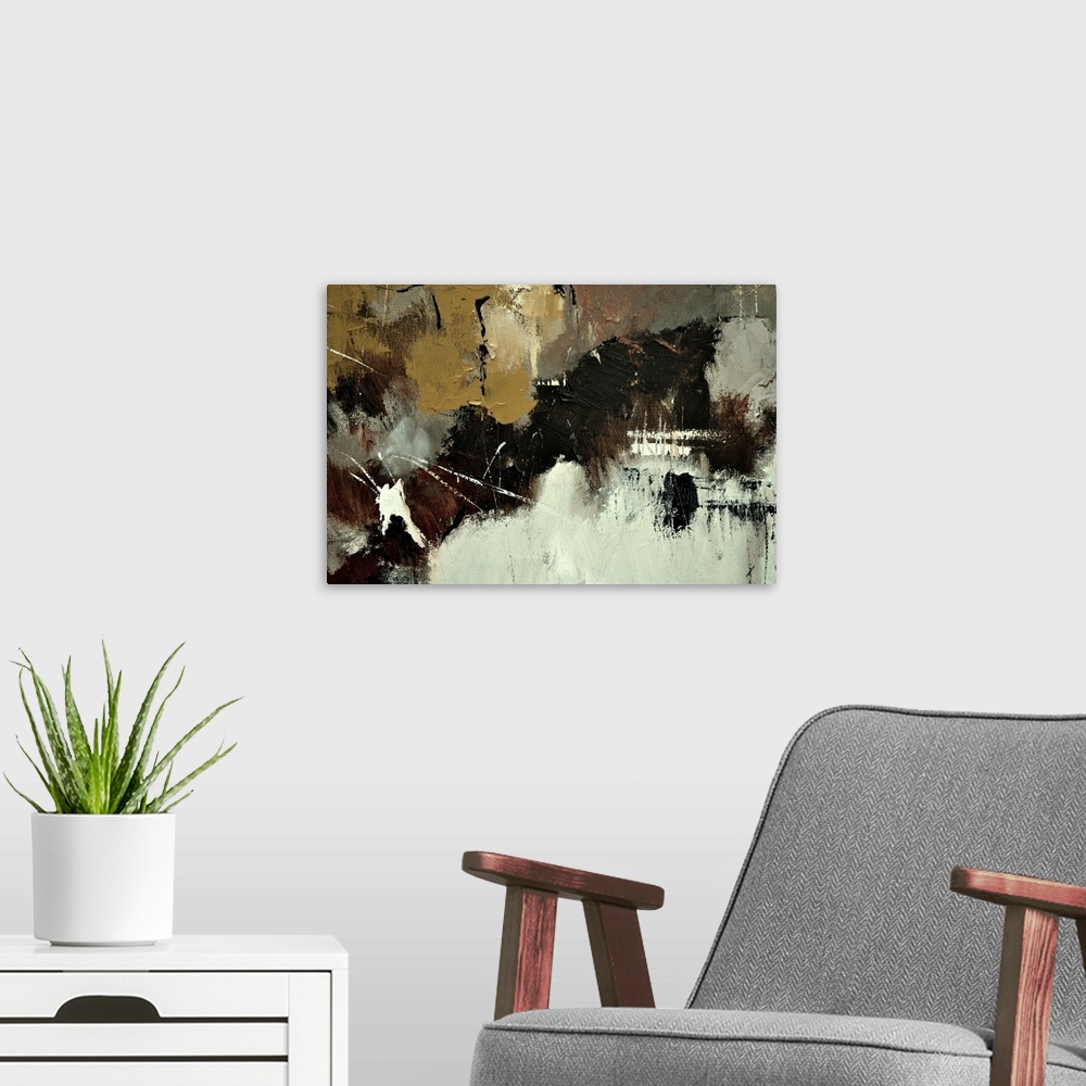A modern room featuring Abstract painting in shades of brown, gray and white mixed in with black contrasting designs.