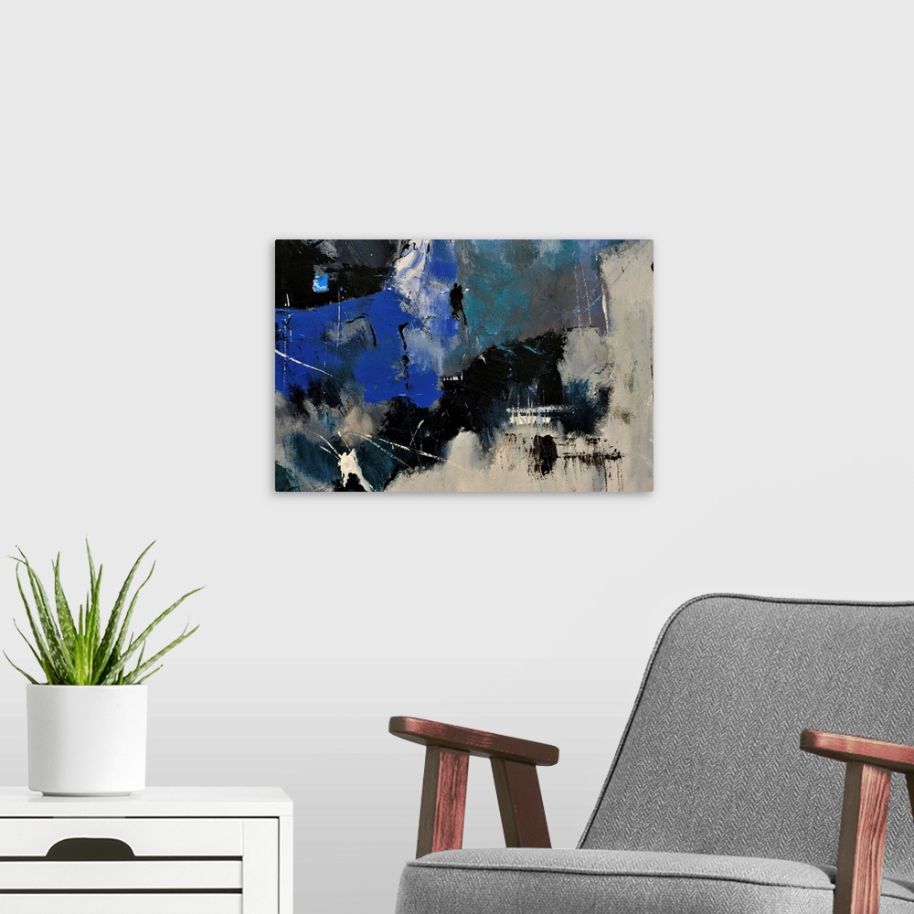 A modern room featuring Abstract painting in shades of  blue, gray and white mixed in with black contrasting designs.