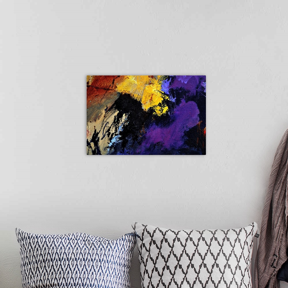 A bohemian room featuring Abstract painting with vibrant hues in shades of yellow, blue, purple, and brown mixed in with bl...
