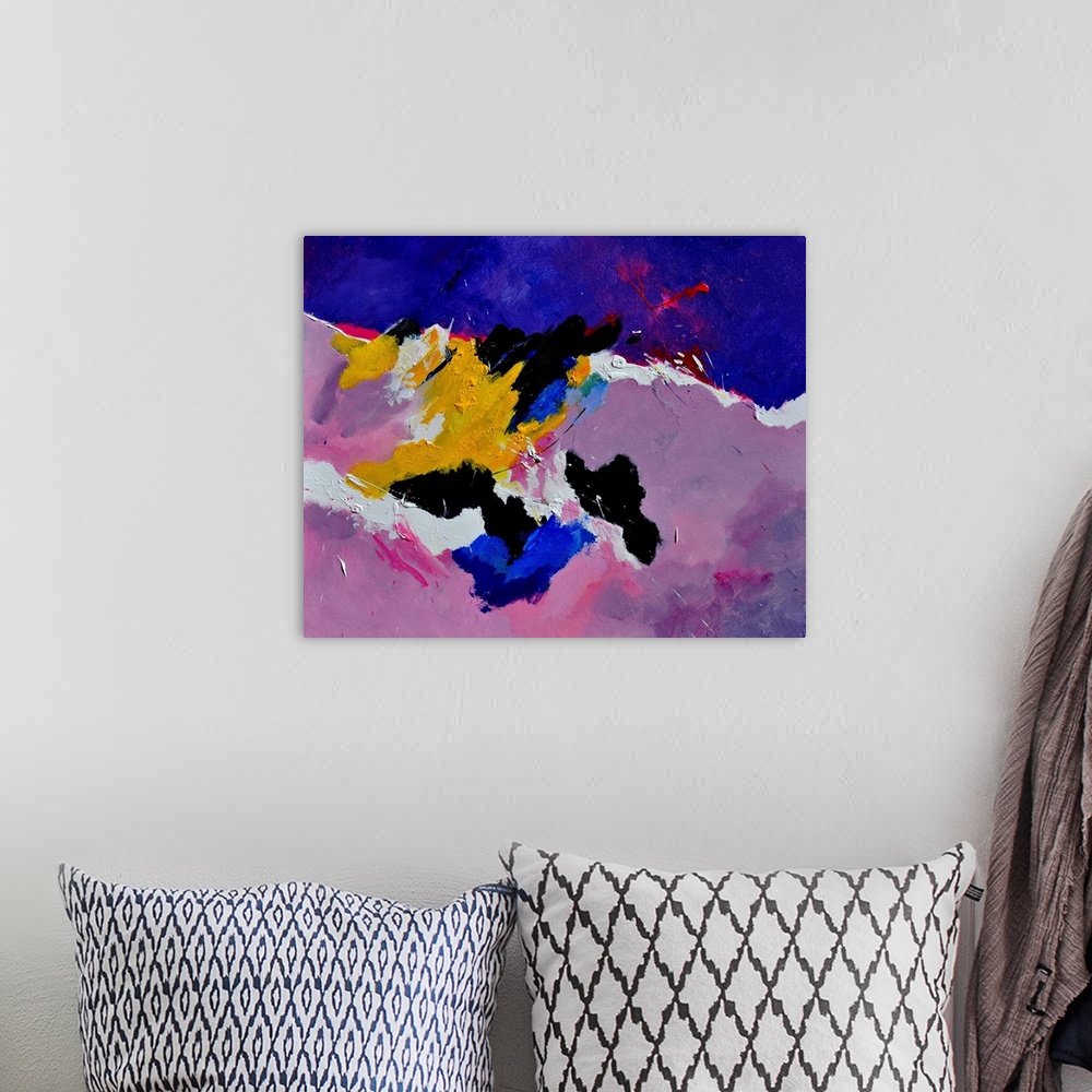 A bohemian room featuring Abstract painting in shades of yellow, blue, pink, purple, and white mixed in with black contrast...