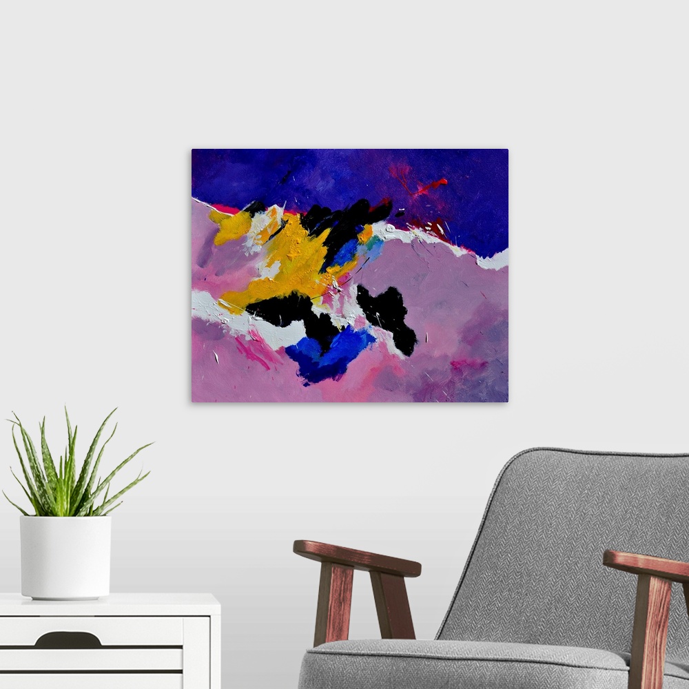 A modern room featuring Abstract painting in shades of yellow, blue, pink, purple, and white mixed in with black contrast...