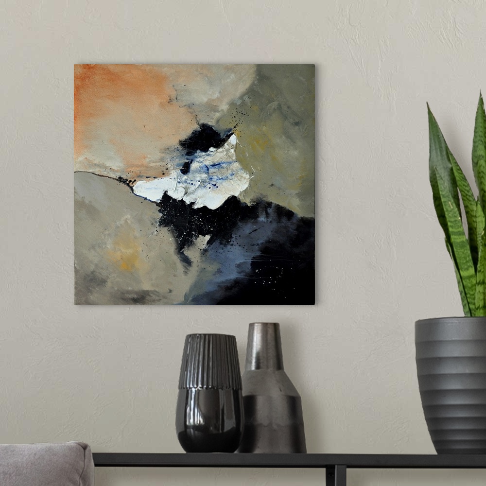 A modern room featuring A square abstract painting in dark colors of black, orange, white and gray with splatters of pain...