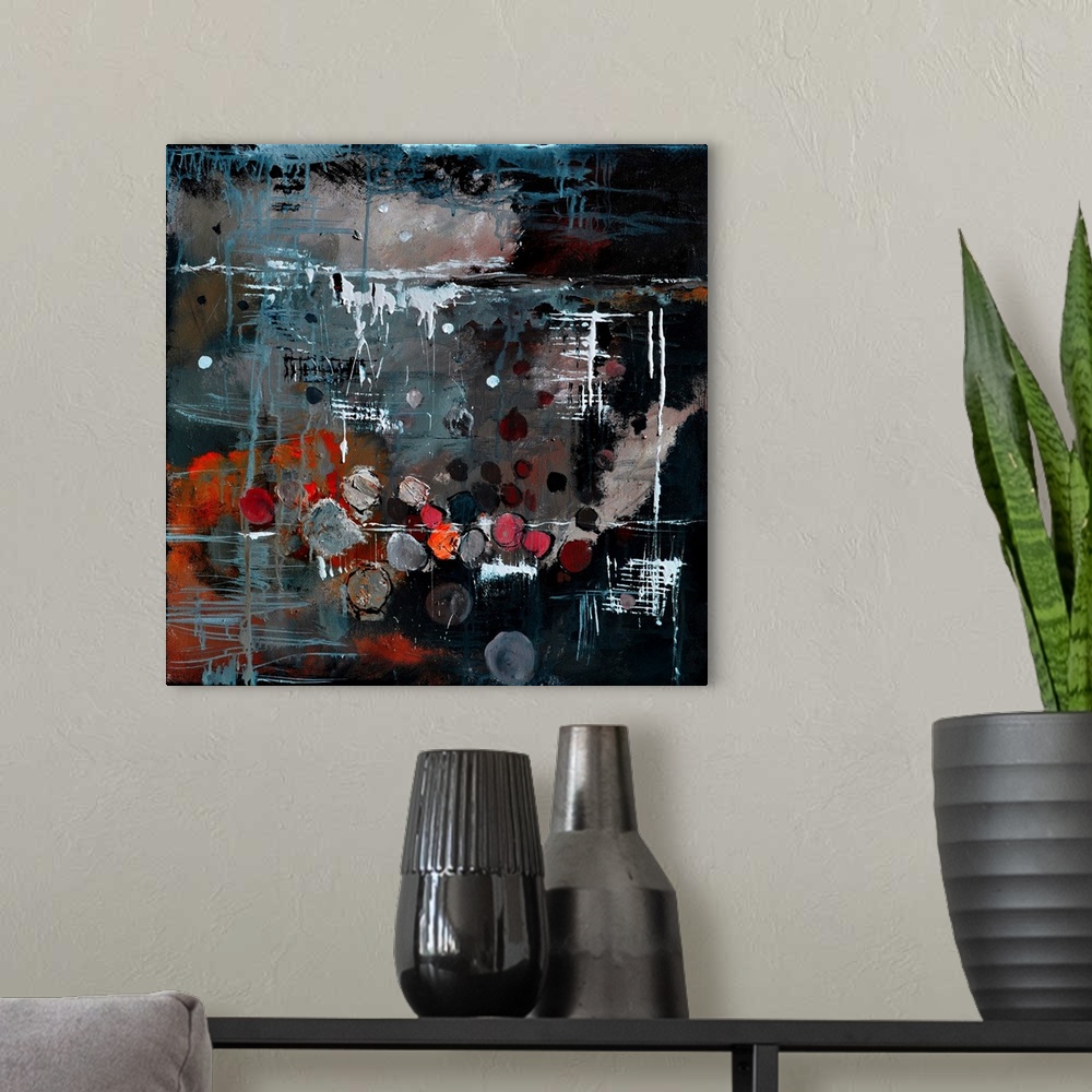 A modern room featuring A square abstract painting in dark shades of black, red and white with splatters of paint overlap...
