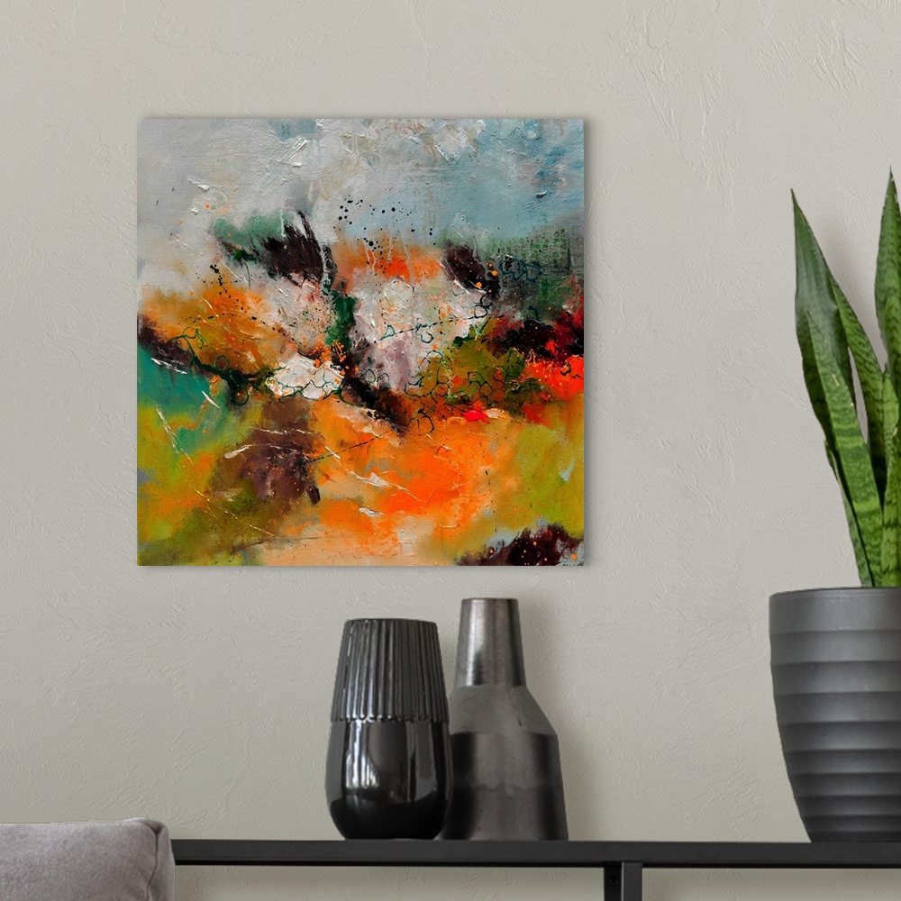 A modern room featuring A square abstract painting in textured shades of brown, orange, green and yellow with splatters o...