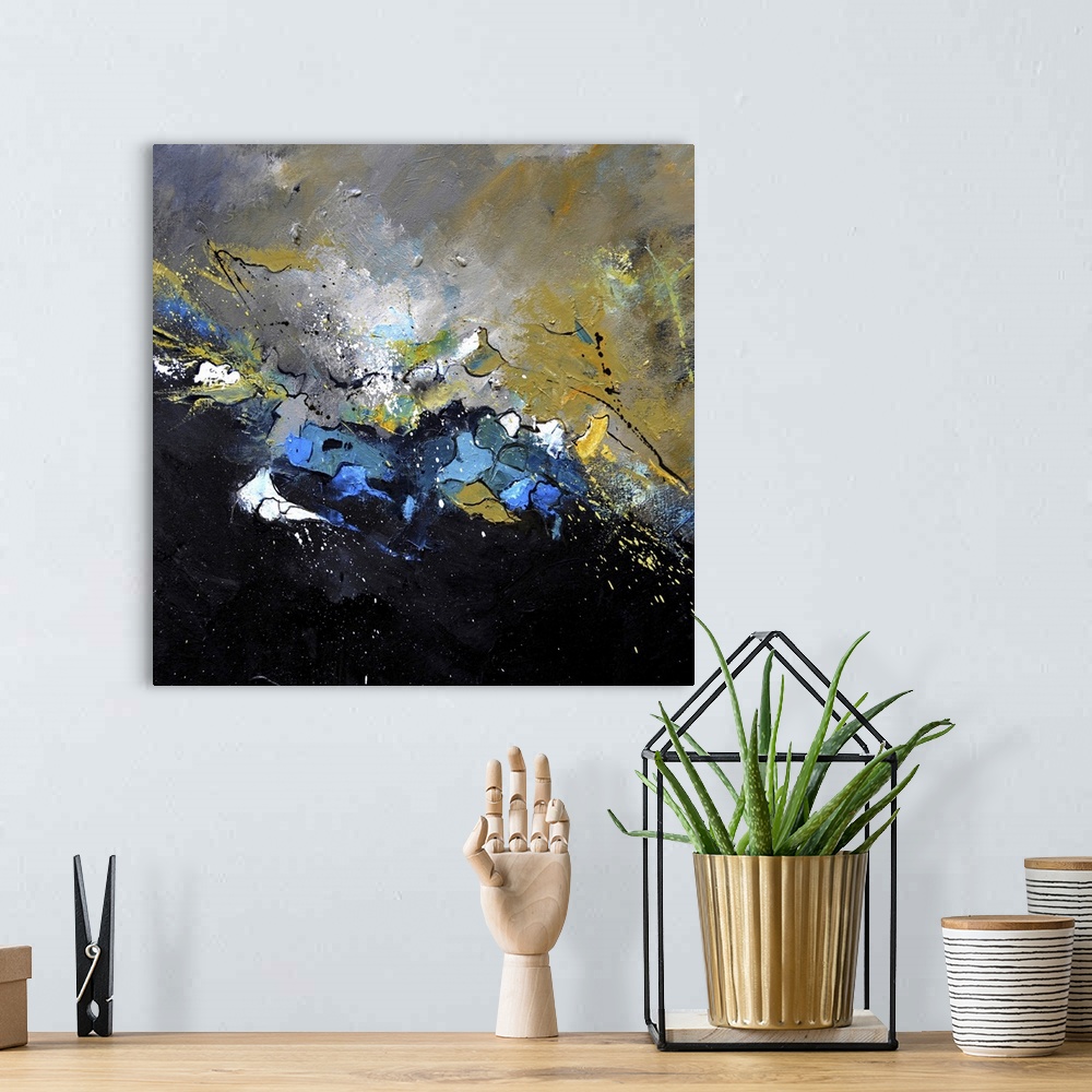 A bohemian room featuring A square abstract painting in textured shades of black, blue, brown and yellow with splatters of ...