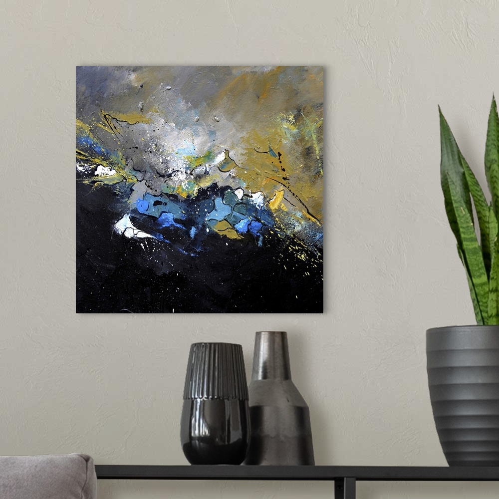A modern room featuring A square abstract painting in textured shades of black, blue, brown and yellow with splatters of ...