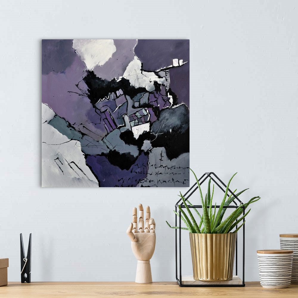 A bohemian room featuring A square abstract painting in textured shades of purple, black and gray with splatters of paint o...