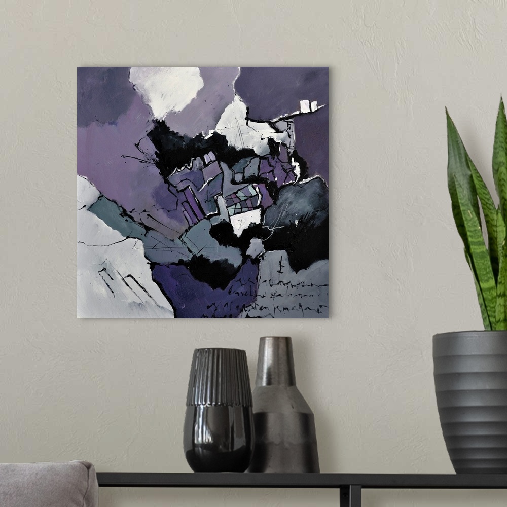 A modern room featuring A square abstract painting in textured shades of purple, black and gray with splatters of paint o...