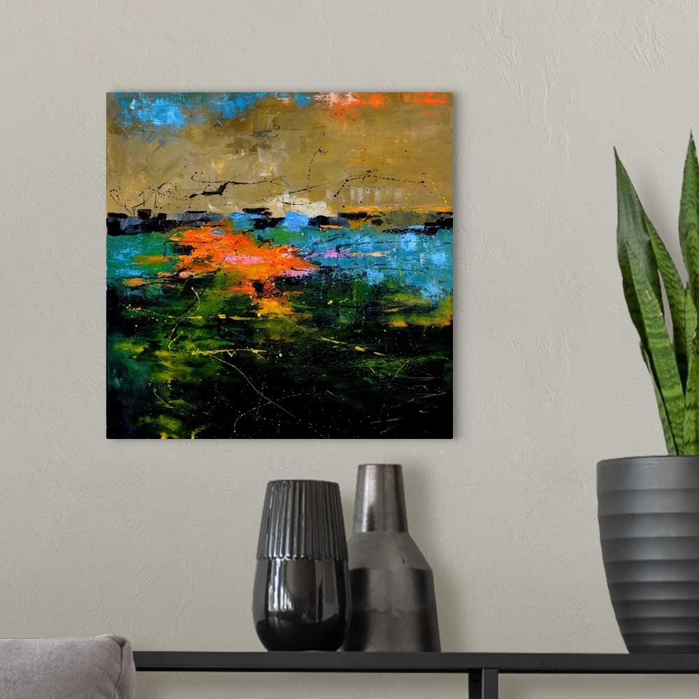 A modern room featuring Abstract painting in dark shades of black, blue, brown, orange and yellow with splatters of paint...
