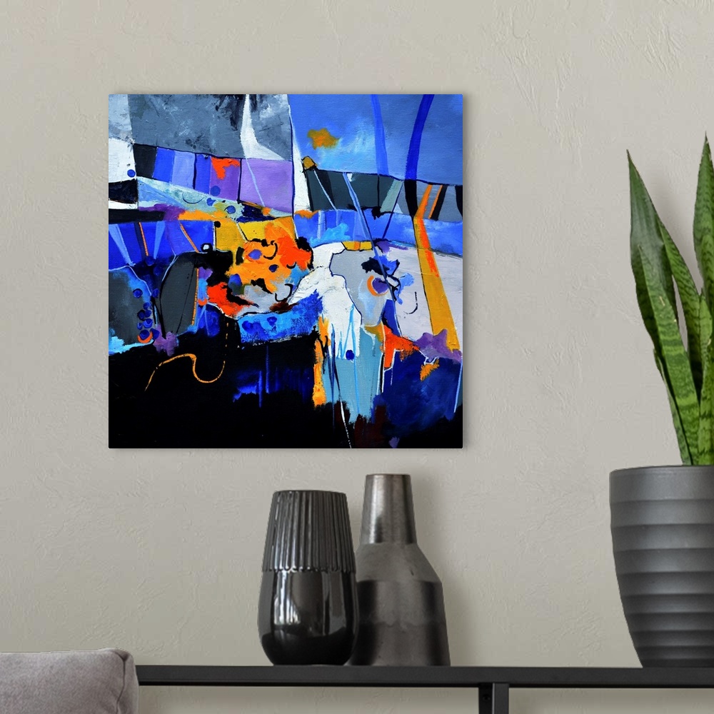 A modern room featuring A square abstract painting in dark shades of black, blue, white and orange with splatters of pain...