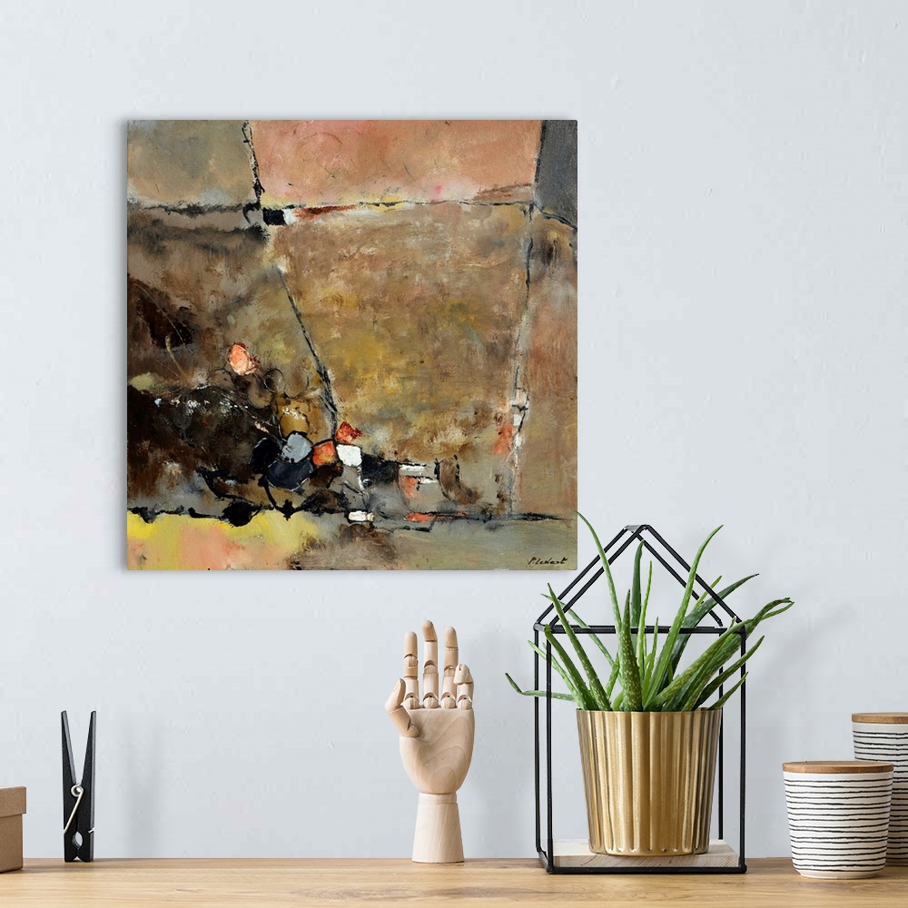A bohemian room featuring Contemporary abstract painting in a variety of brown hues.