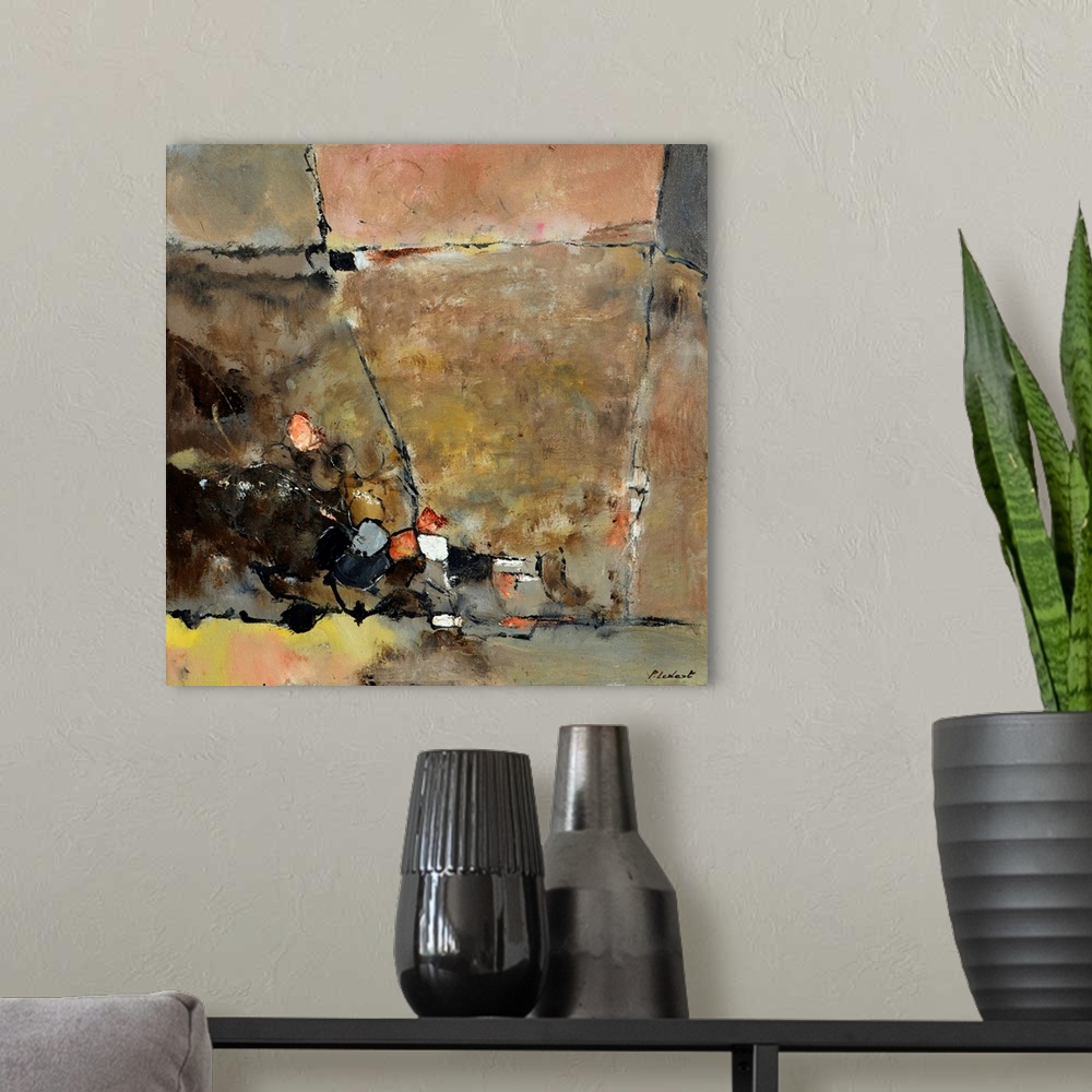 A modern room featuring Contemporary abstract painting in a variety of brown hues.