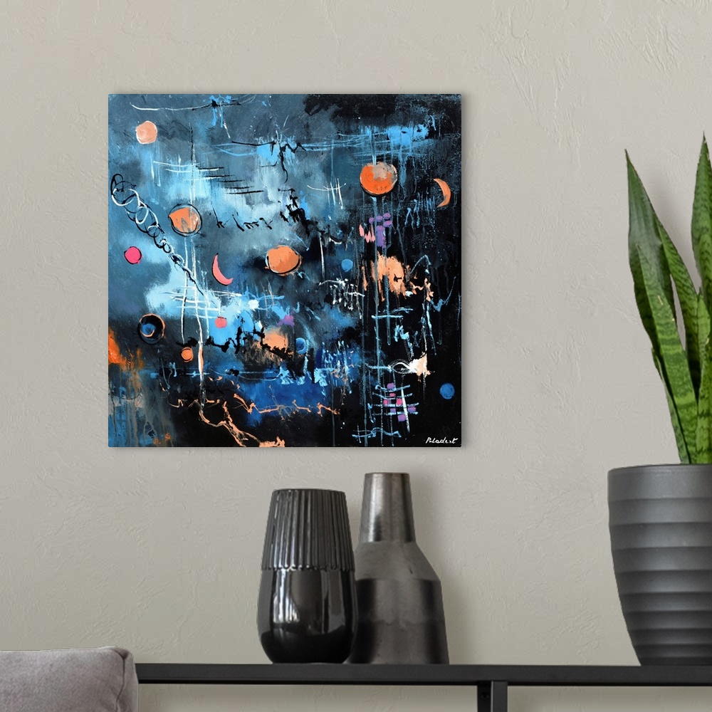 A modern room featuring Contemporary abstract painting in dark blues and blacks.
