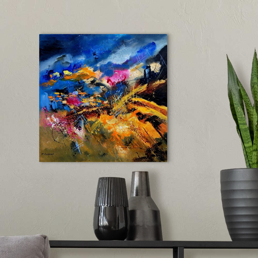 A modern room featuring An abstract landscape painting of a hilly countryside with colorful flowers in a field.