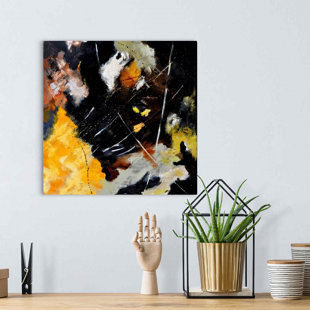 A bohemian room featuring Square abstract painting in shades of brown, yellow and white mixed in with black contrasting des...