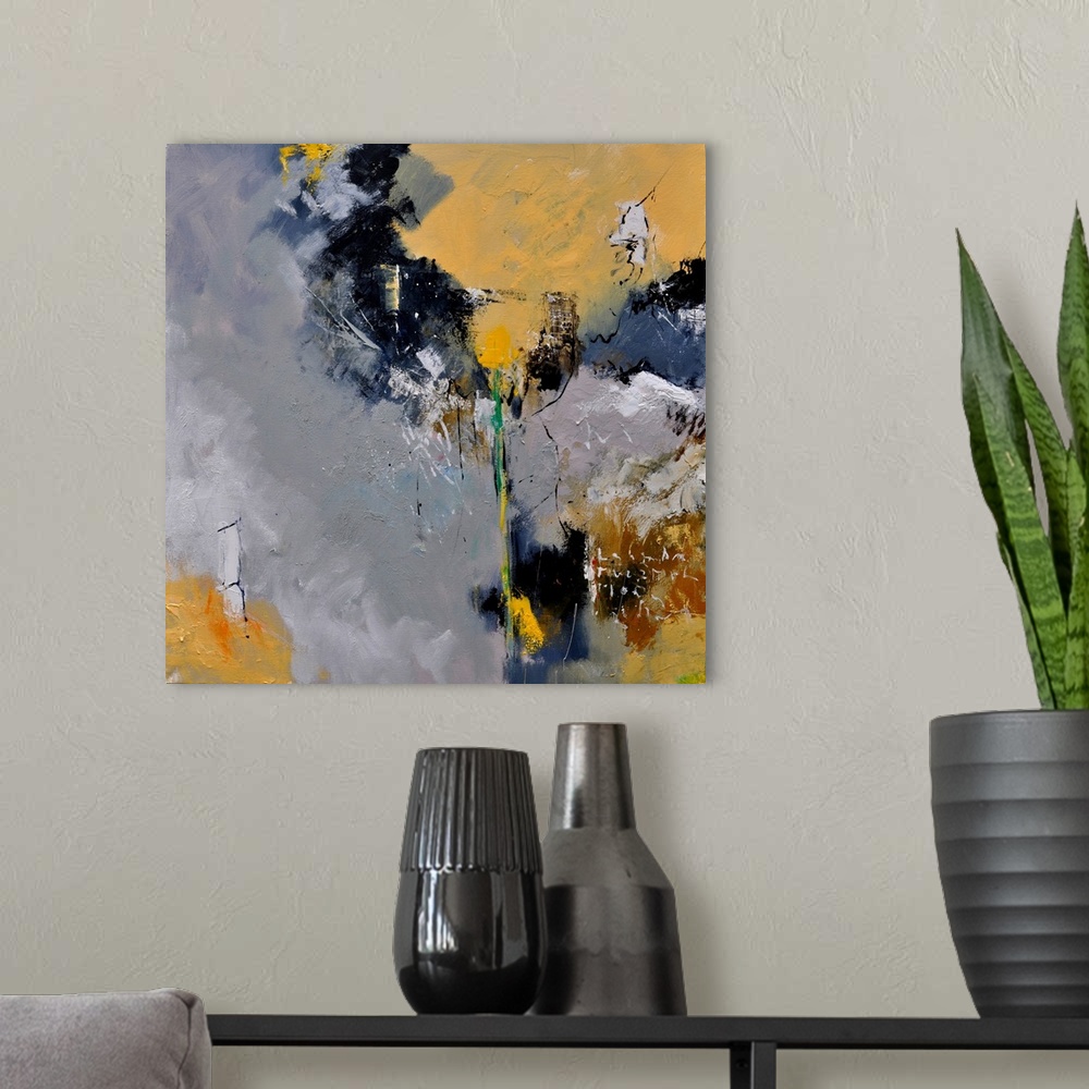 A modern room featuring A square abstract painting in dark shades of black, gray, white and yellow with splatters of pain...
