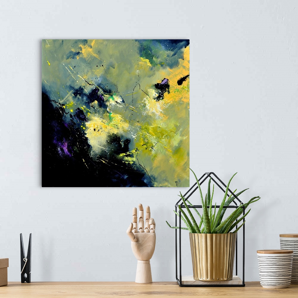 A bohemian room featuring A square abstract painting in dark shades of black, blue, purple and yellow with splatters of pai...