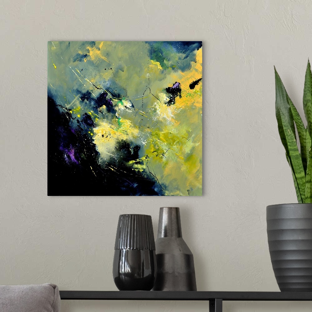 A modern room featuring A square abstract painting in dark shades of black, blue, purple and yellow with splatters of pai...