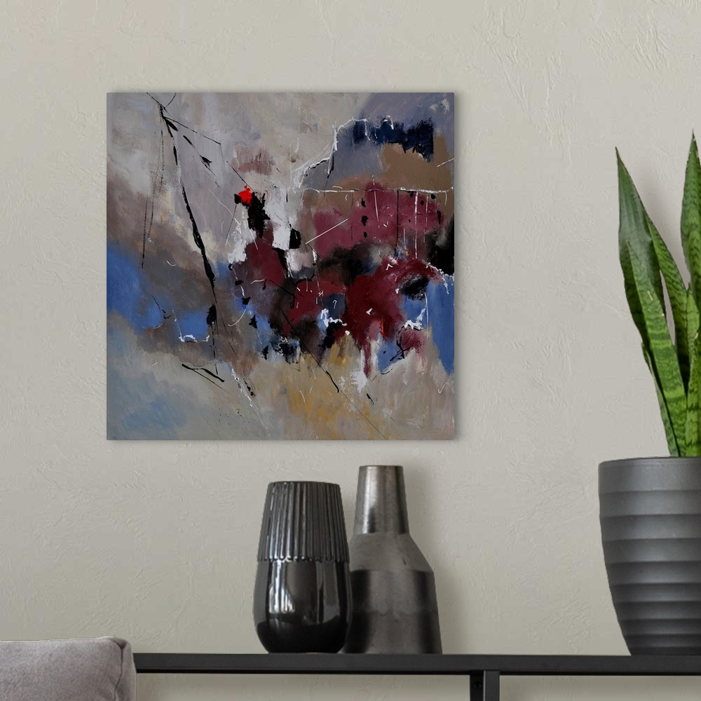 A modern room featuring A square abstract painting in dark textured shades of brown, blue and gray with splatters of pain...