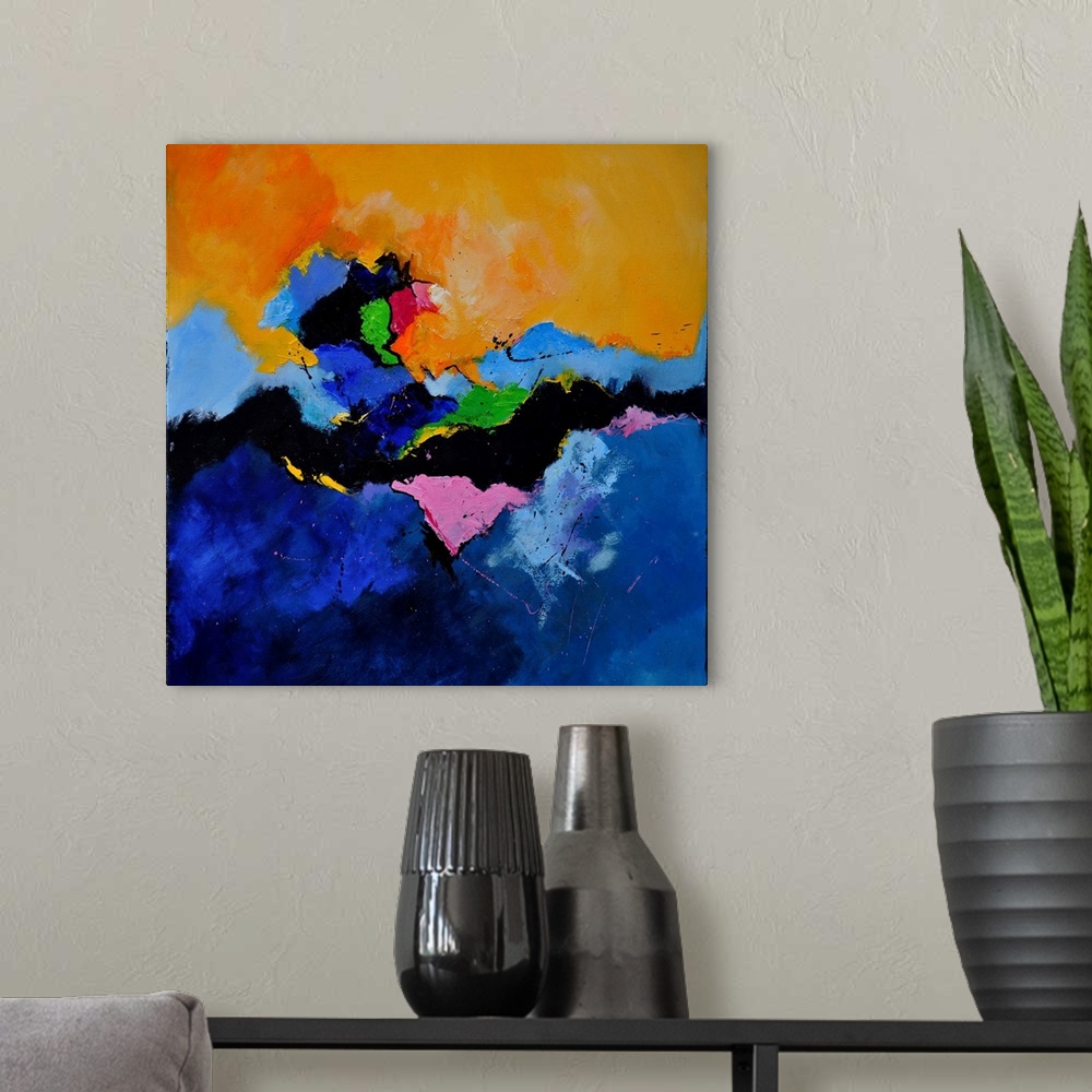 A modern room featuring Abstract square painting in shades of orange, blue, pink and green mixed in with black contrastin...
