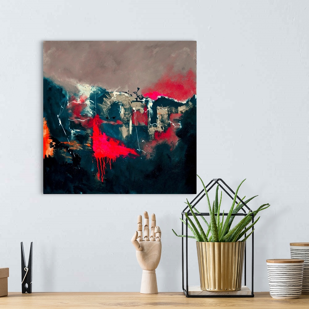 A bohemian room featuring A square abstract painting in dark shades of black, blue, white and red with splatters of paint o...