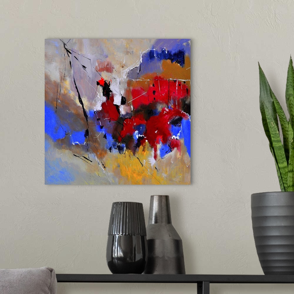 A modern room featuring Abstract painting in shades of red, blue, gray and purple mixed in with black contrasting designs.