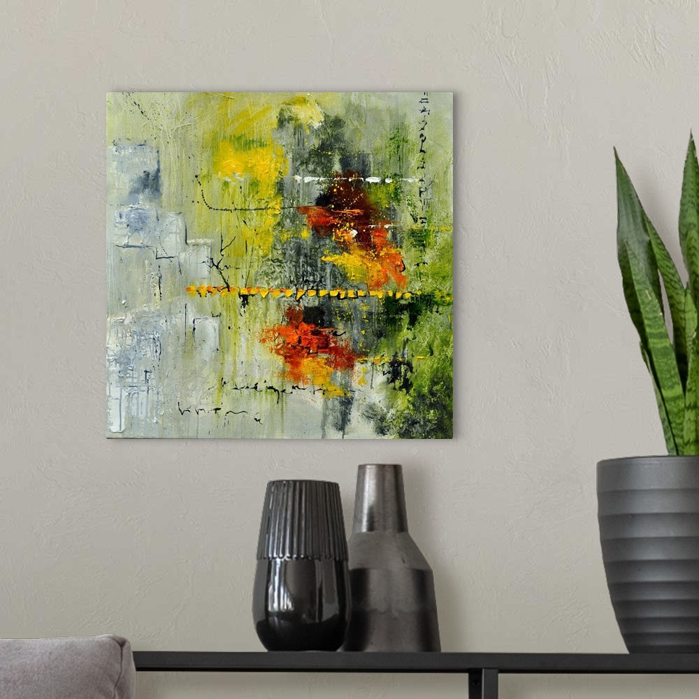 A modern room featuring A square abstract painting in textured shades of gray, orange, green and yellow with splatters of...