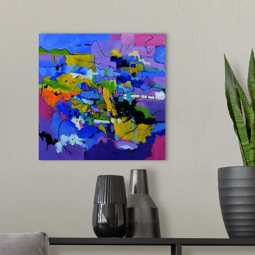 A modern room featuring A square abstract painting in dark shades of purple, blue, white and yellow with splatters of pai...