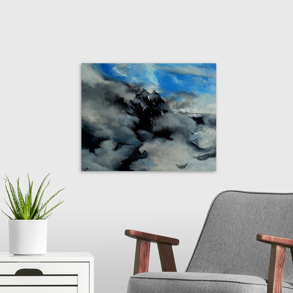 A modern room featuring A horizontal abstract painting of colors of black, white and blue in bold brush strokes and splat...