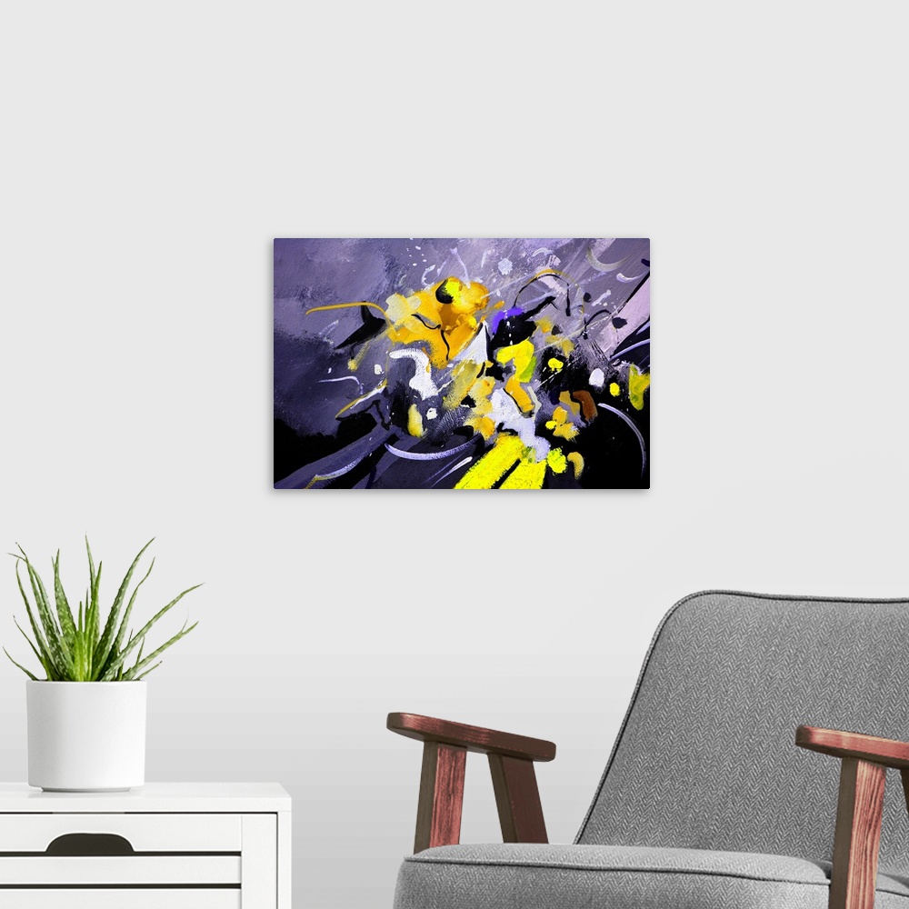 A modern room featuring A horizontal abstract painting in textured shades of purple, white and yellow with splatters of p...