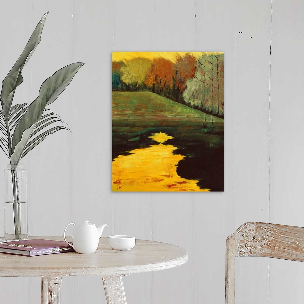 A farmhouse room featuring A contemporary landscape of a field and trees next to a lake in warm autumn colors.