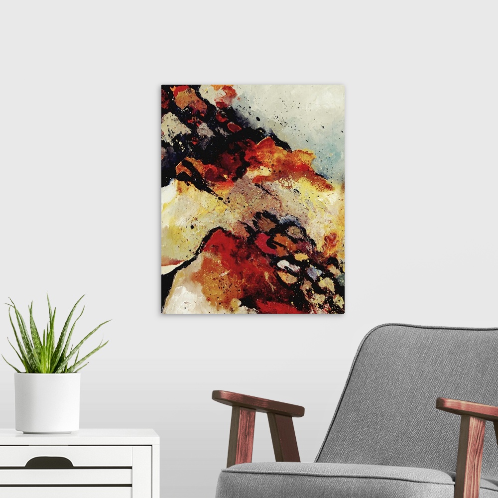 A modern room featuring A vertical abstract painting with deep colors of red, orange and yellow.