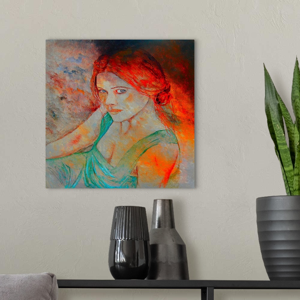 A modern room featuring A vibrant contemporary painting of a female with red hair.