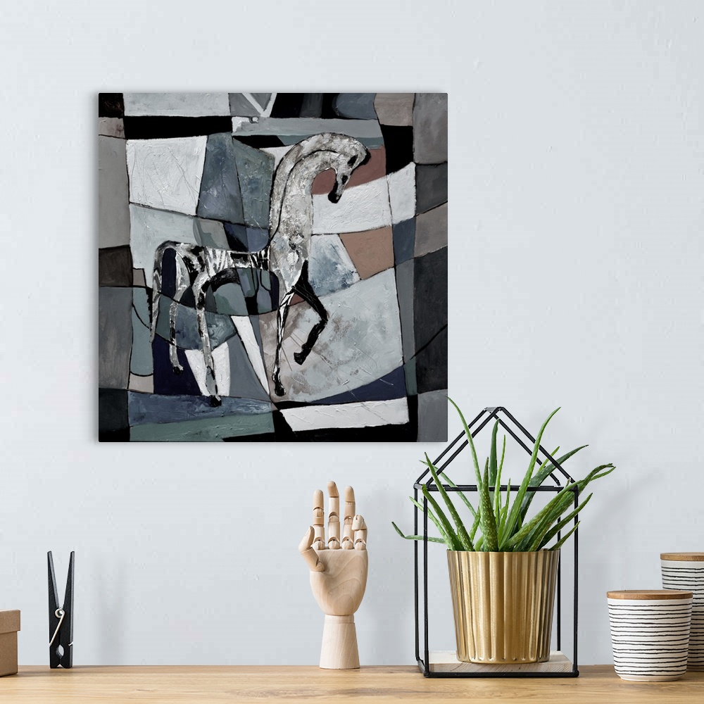 A bohemian room featuring Painting done in a cubism style of a horse against a checkered background in shades of gray and b...