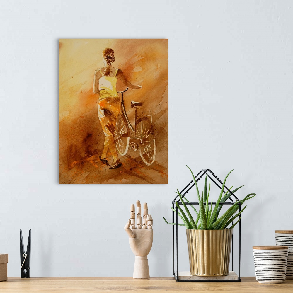 A bohemian room featuring Vertical painting of a woman walking away while pushing a bicycle, done in shades of brown, orang...