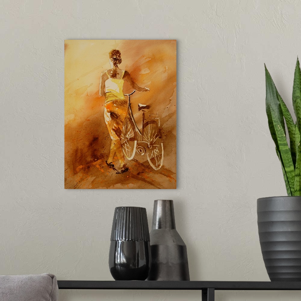 A modern room featuring Vertical painting of a woman walking away while pushing a bicycle, done in shades of brown, orang...