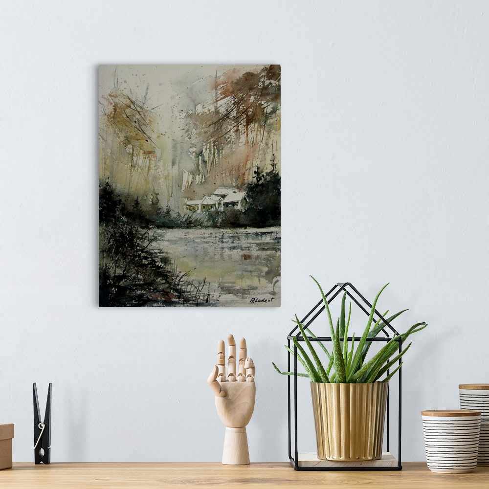 A bohemian room featuring A muted watercolor painting of a house in a forest next to a body of water.