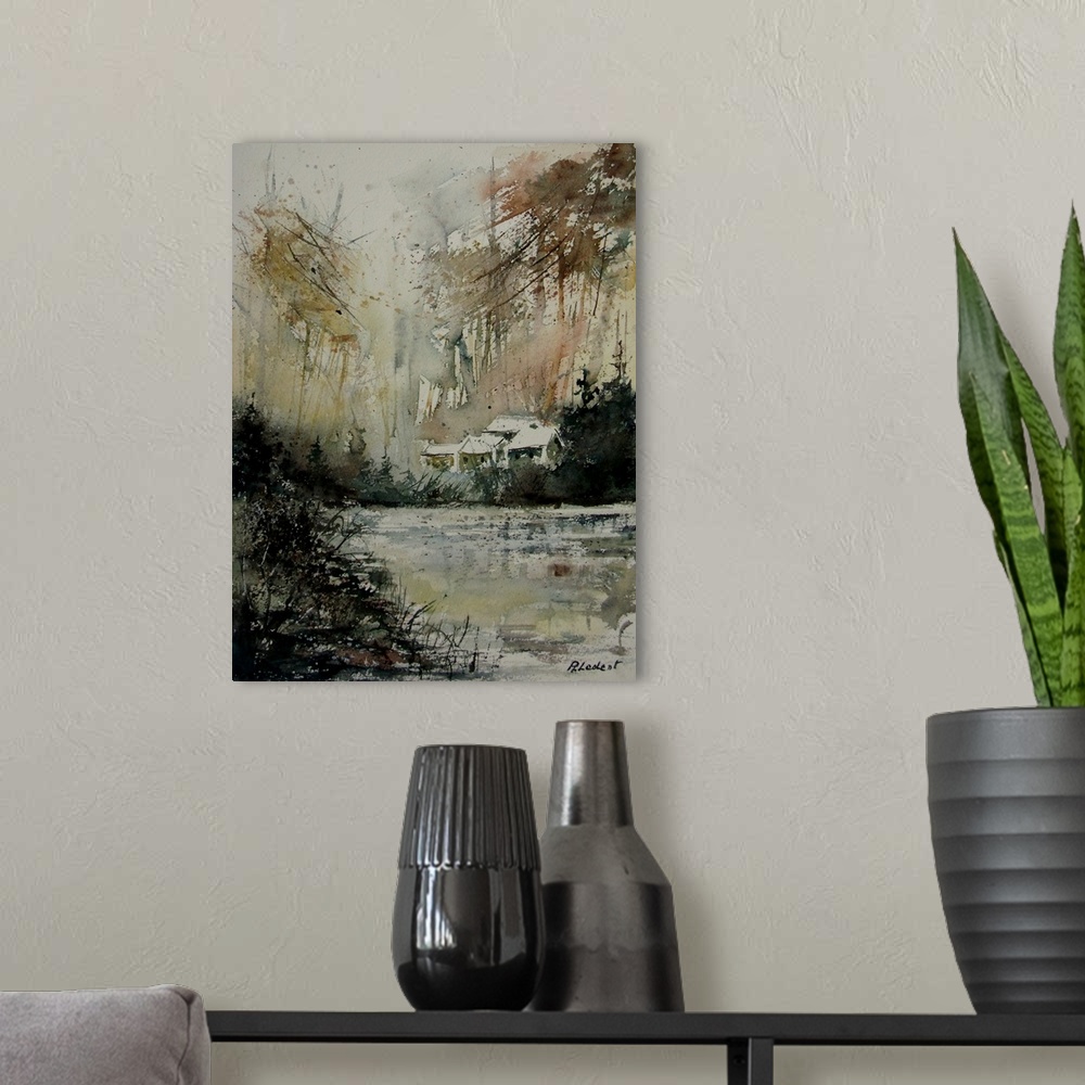 A modern room featuring A muted watercolor painting of a house in a forest next to a body of water.