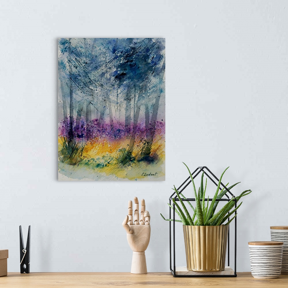 A bohemian room featuring Watercolor painting of a trees in a forest done in vibrant colors of yellow, pink and blue.