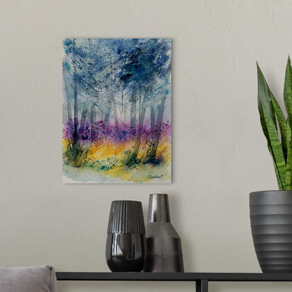 A modern room featuring Watercolor painting of a trees in a forest done in vibrant colors of yellow, pink and blue.