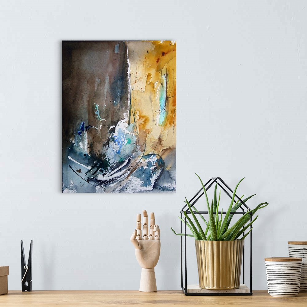 A bohemian room featuring A vertical abstract painting in dark shades of brown, blue, white and yellow with splatters of pa...