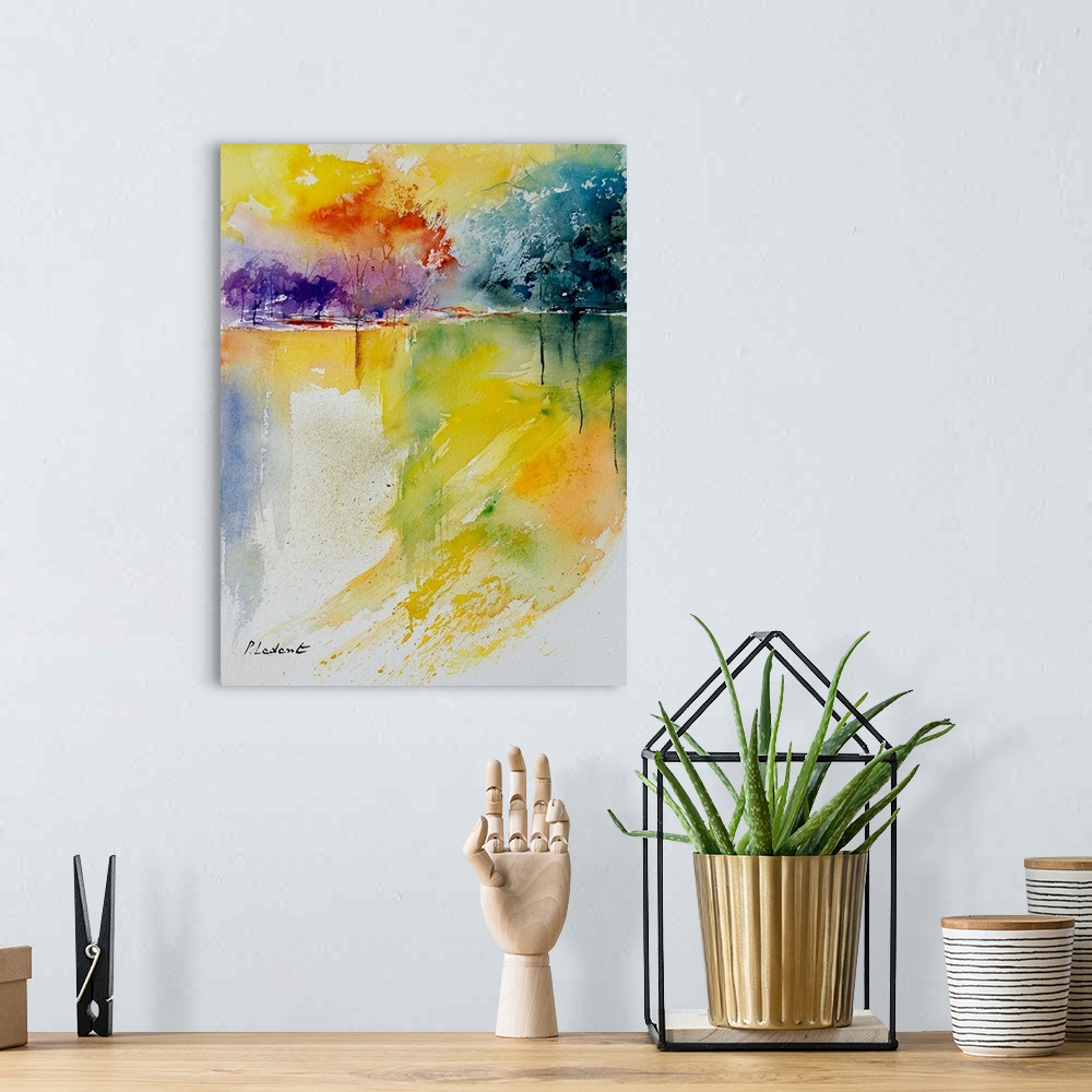 A bohemian room featuring A watercolor painting done in bright primary colors of a pond framed by trees.